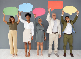 Comment, portrait and mockup with business people and speech bubble for voice, social media or...
