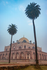 humayun tomb exterior view at misty morning from unique perspective