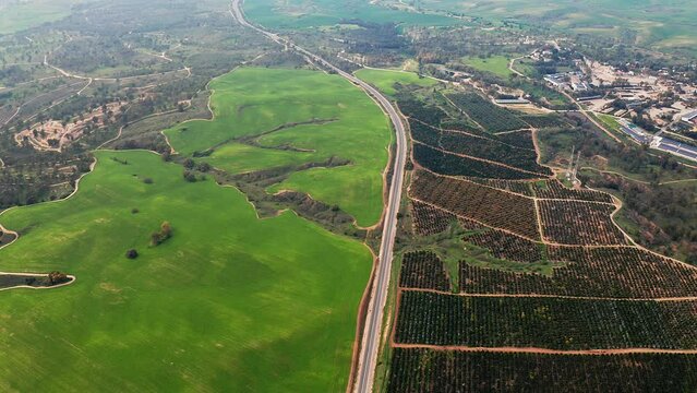 Bitronot Ruhama reserve, Israel, spring blossom at the Negev Desert, 4k aerial drone view
