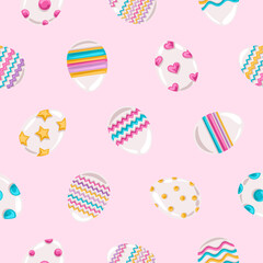 Easter eggs with bright glaze on pink background. Seamless pattern.  Texture for fabric, wrapping, wallpaper. Decorative print. Vector illustration 