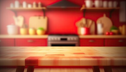 Red kitchen interior with kitchen equipment in background generative ai