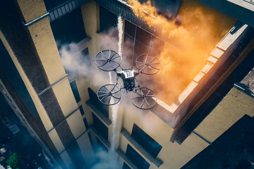 Fire fighting drone flying for extinguish a fire on a residential high building against urban scene. The fire on the upper floors was quickly localized. Generative AI