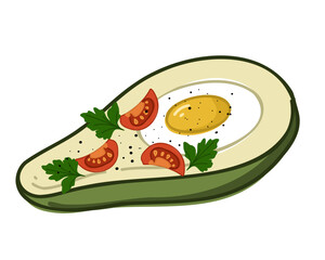 Baked avocado with tomatoes and parsley. Vector illustration