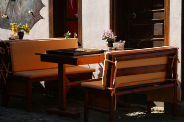 cafeteria chairs and tables in the colorful streets of Eskişehir