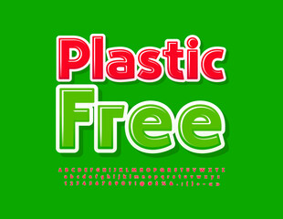 Vector bright Emblem Plastic Free with Red glossy Font. Creative Alphabet Letters, Numbers and Symbols set