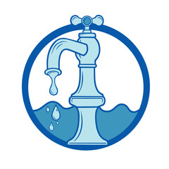 Water tap with falling drop. Classical old valve. Vector sticker on white background.