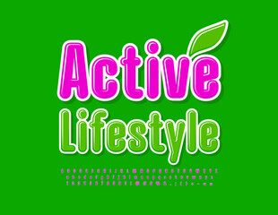 Vector healthy concept Active Lifestyle with decorative Leaf. Bright pink Font. Glossy Alphabet Letters, Numbers and Symbols set