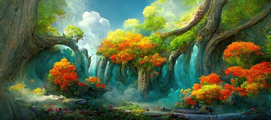 Fototapeta na wymiar Dreamlike forest of autumn orange and yellow colors, surreal vegetation, mythical and otherworldly, natural beauty, vibrant imaginative woods - high detail generative ai.