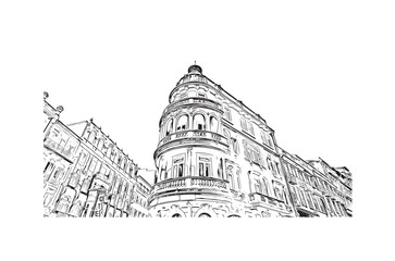 Obraz premium Building view with landmark of Porto Novo is the capital of Benin. Hand drawn sketch illustration in vector.