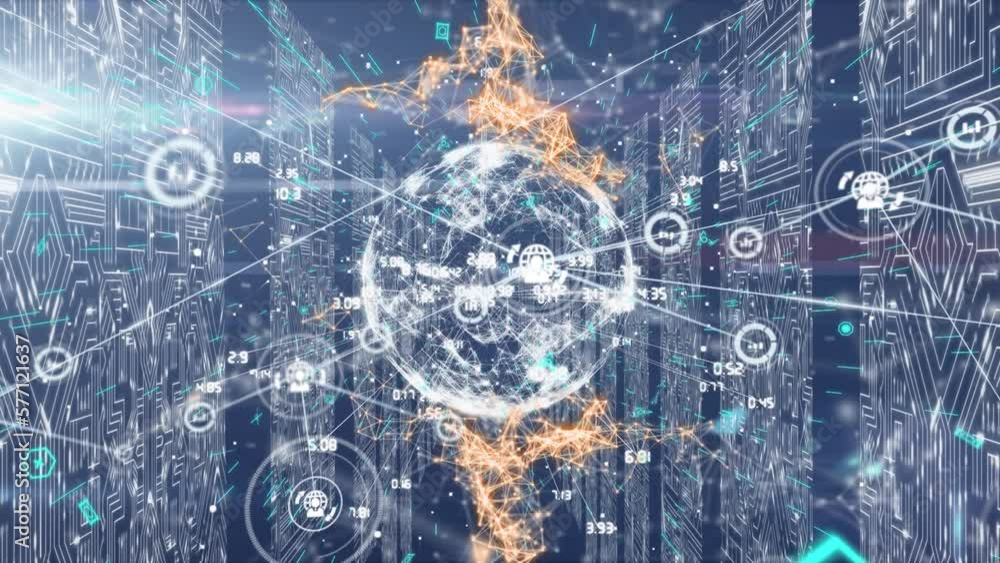 Poster animation of network of connections with icons and globe over shapes