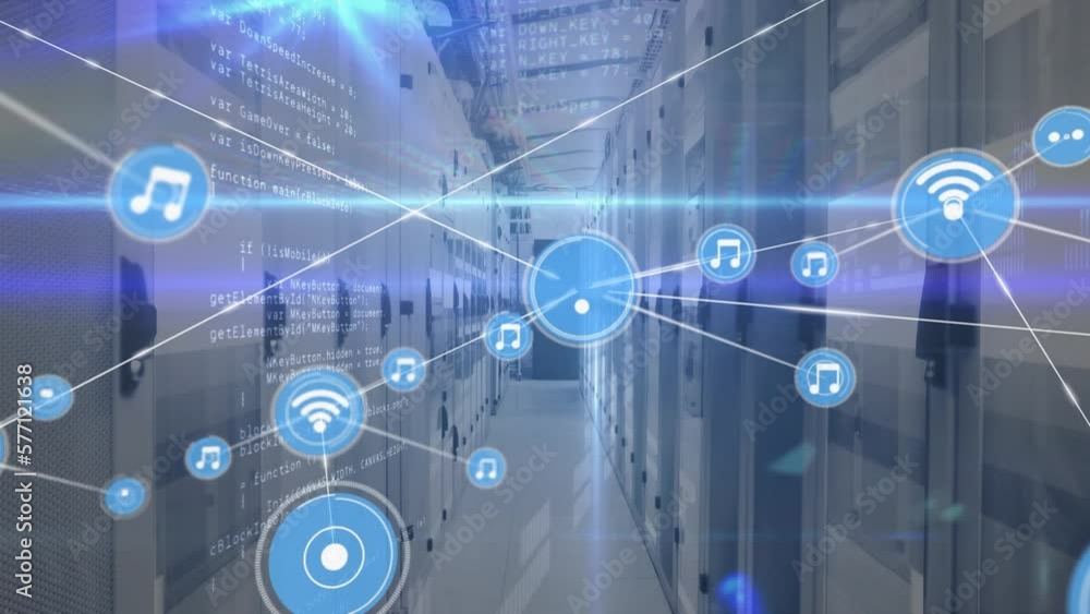 Poster animation of network of connections with icons and data processing over server room
