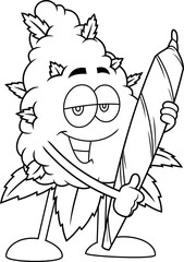 Outlined Happy Marijuana Bud Cartoon Character Holding A Big Joint. Vector Hand Drawn Illustration Isolated On Transparent Background