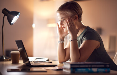 Business woman, headache and computer work at night in a office with project report stress. Working...