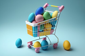 Chicken eggs pile in shopping cart, trolley. High quality photo on the blue background Generative AI