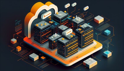 A detailed illustration of a cloud infrastructure with various layers and components, such as servers, databases, and APIs.. Generative AI - obrazy, fototapety, plakaty