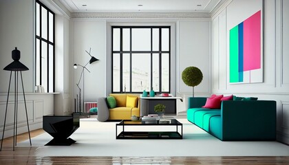 A minimalist living room with sleek furniture, clean lines, and pops of color for added interest.. Generative AI
