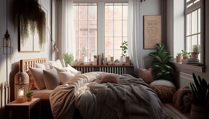 A cozy bedroom with a neutral color scheme, layered textures, and plenty of natural light.. Generative AI