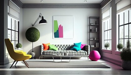 A minimalist living room with sleek furniture, clean lines, and pops of color for added interest.. Generative AI