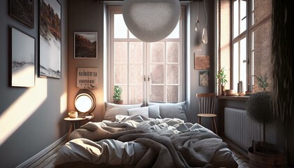 A cozy bedroom with a neutral color scheme, layered textures, and plenty of natural light.. Generative AI