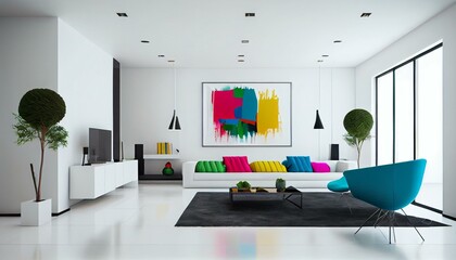 A minimalist living room with sleek furniture, clean lines, and pops of color for added interest.. Generative AI