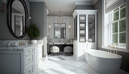 A luxurious bathroom with a freestanding tub, marble accents, and ample storage space.. Generative AI