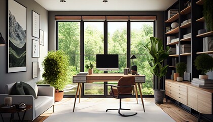A spacious home office with a large desk, comfortable seating, and plenty of natural light to boost productivity.. Generative AI
