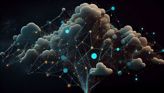 An abstract representation of cloud computing with clusters of interconnected nodes and data flowing between them.. Generative AI
