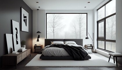 A modern bedroom with a sleek, minimalist design and soft, natural lighting.. Generative AI