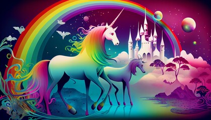 A colorful rainbow world with unicorns, rainbows, and stars.. Generative AI