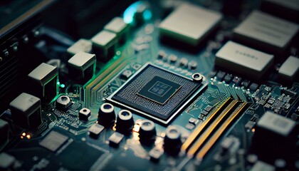 Fototapeta premium A close-up of a computer motherboard with components.. Generative AI