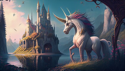 A whimsical fairy tale world with castles, dragons, and unicorns.. Generative AI