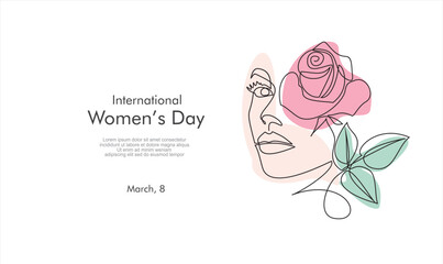 International Women's Day holiday illustration. Woman face with rose flower in one continuous line drawing. Female portrait in linear style.Can used for logo, emblem, slide show and banner. 