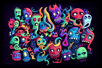 Generative AI render of colorful skulls and demons