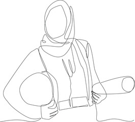 Single continuous line drawing of young female architect holding blueprint paper pose cross arms. Professional work job occupation. Minimalism concept one line draw graphic design vector illustration