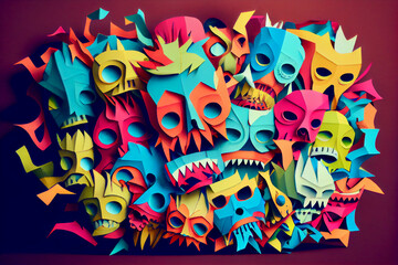 Generative AI render of colorful skulls and demons