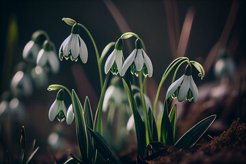 Close up of Snowdrop flowers on green background.generative ai