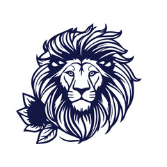 Fototapeta na wymiar Lion head face logo with flower silhouette black icon tattoo mascot hand drawn lion king silhouette animal vector illustration