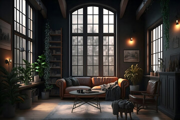 Fototapeta na wymiar Cozy Loft Living: An Inviting Interior for Your Dream Living Room, AI Generative