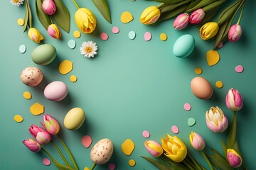 Fototapeta na wymiar colorful tulips and eggs lying on teal green background with copy space for easter celebration