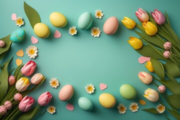 colorful tulips and eggs lying on teal green background with copy space for easter greeting card