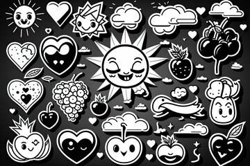 black and white 12 Sticker pack of funny cartoon , generative artificial intelligence 
