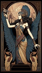 Isis, Egyptian Goddess, ideal mother and wife and the mother of nature and magic. AI generative, art nuveau style. - obrazy, fototapety, plakaty