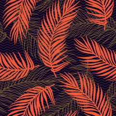Repeat paradise palm leaves vector pattern. Floral elements over waves texture