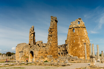 The ruins of ancient ancient Anatolian city of Perge located near the Antalya city in Turkey - sep 2022