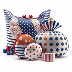 Fototapeta premium Luxury organic skincare products. Bags, packages and travel cases in dark blue, red and white stripes and polka dots, AI generative