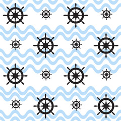 Yacht helm boat steering wheel sailing navigation symbol vector seamless pattern.