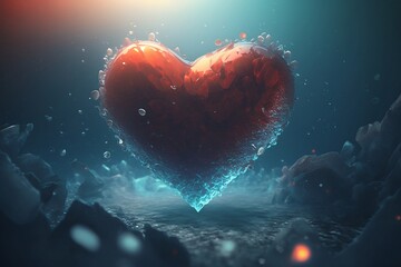 Generative ai a huge heart in ice at bottom of ocean, cracking ice, iceberg, ice floes, love at bottom