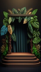 Wooden Pedestal, Empty Stage with Textile and Exotic Leaves for Cosmetic Product Presentation, AI Generative.