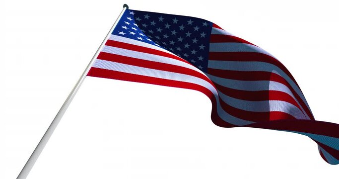 Waving in the wind USA flag. The texture of the fabric. Transparent bacground. ProRes 4444. 3D render.