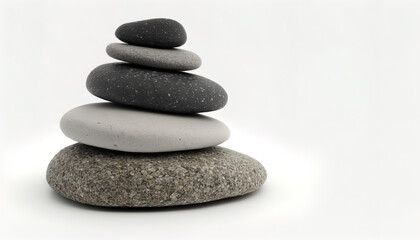 Obraz na płótnie Canvas Cobbles in a pile, flat stones balancing in a little stack, grey colors cobbles, isolated on white, zen-feeling. Generative AI
